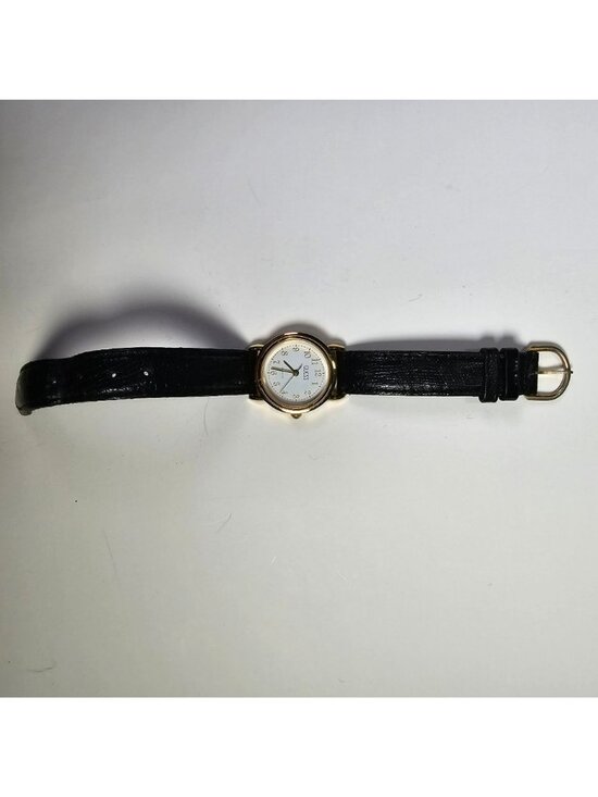 Guess Vintage Women\'s Gold-Tone Watch with Black Leather Strap & White Dial